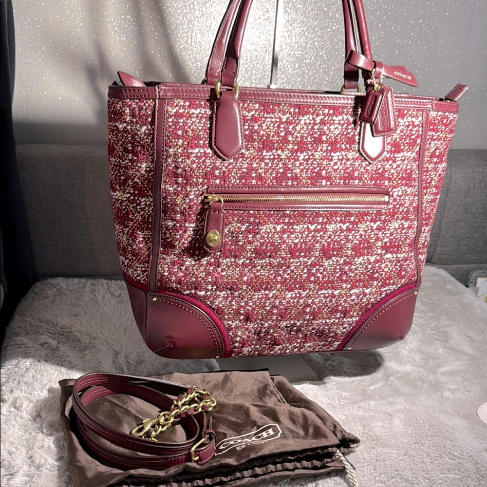 Coach Burgundy Poppy Quilted Boucle Tote Bag